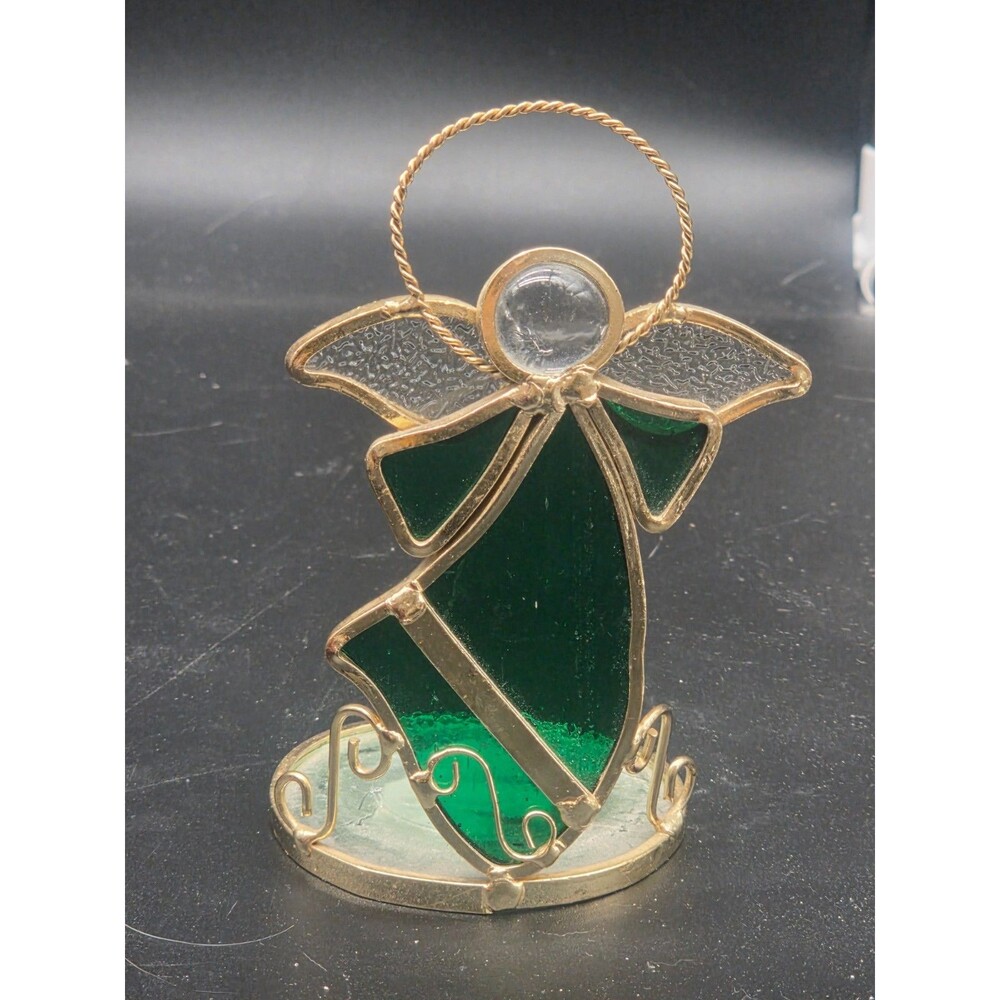 Vtg Green Stained Glass Angel Tealight Votive Candle Holder USA